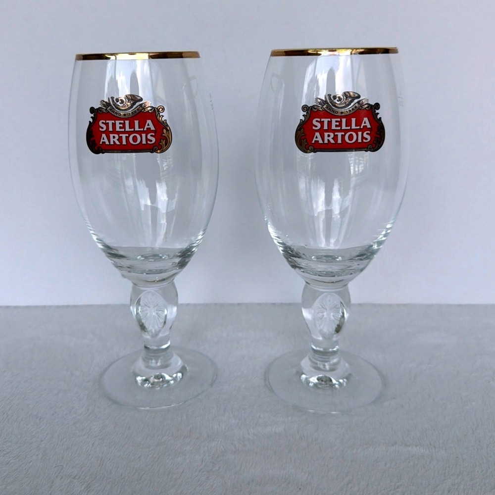 Stella Artois Beer Glasses Set of 2 Gold Rim Stemmed Chalice 33cl Barware nobox